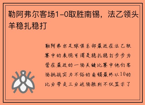 勒阿弗尔客场1-0取胜南锡，法乙领头羊稳扎稳打