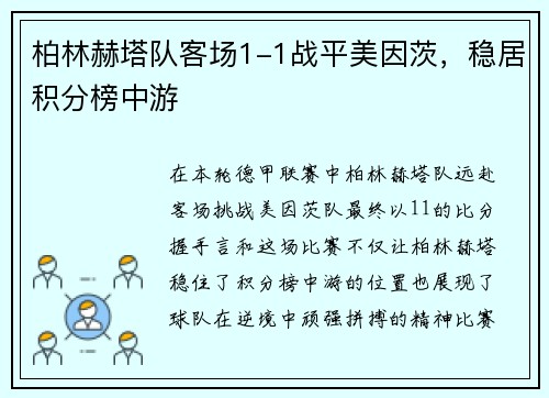 柏林赫塔队客场1-1战平美因茨，稳居积分榜中游