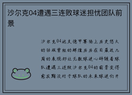 沙尔克04遭遇三连败球迷担忧团队前景