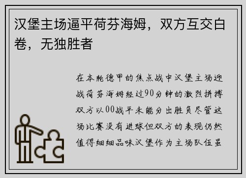 汉堡主场逼平荷芬海姆，双方互交白卷，无独胜者