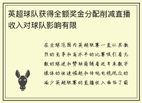 英超球队获得全额奖金分配削减直播收入对球队影响有限