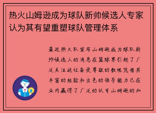 热火山姆逊成为球队新帅候选人专家认为其有望重塑球队管理体系