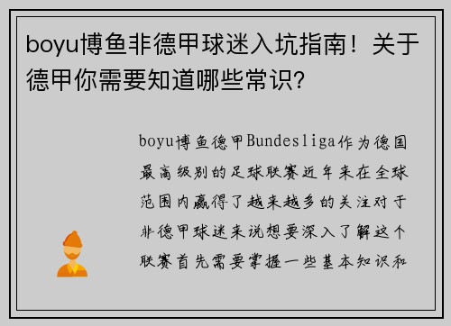 boyu博鱼非德甲球迷入坑指南！关于德甲你需要知道哪些常识？