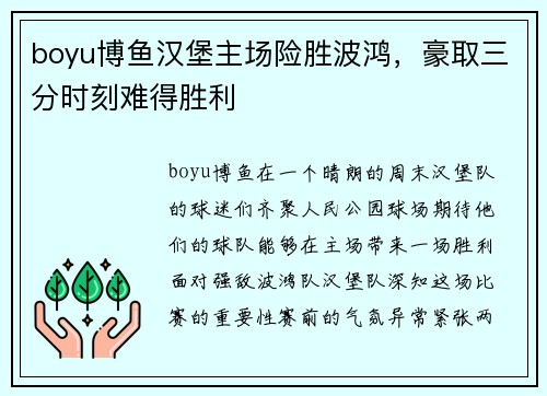 boyu博鱼汉堡主场险胜波鸿，豪取三分时刻难得胜利