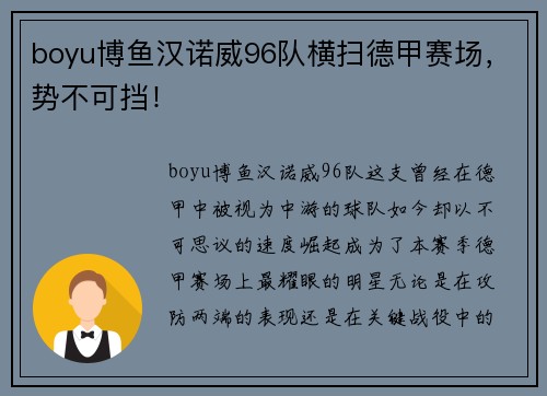 boyu博鱼汉诺威96队横扫德甲赛场，势不可挡！