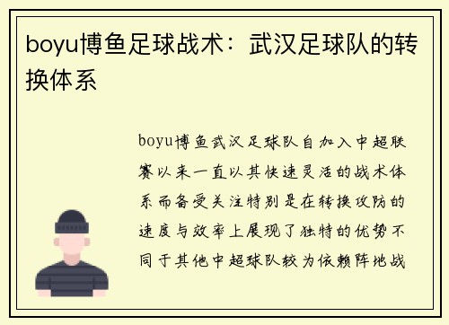 boyu博鱼足球战术：武汉足球队的转换体系
