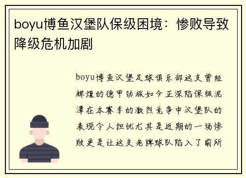 boyu博鱼汉堡队保级困境:惨败导致降级危机加剧